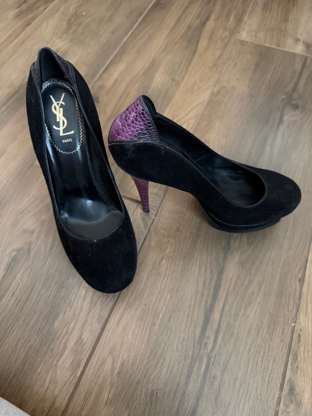 Yves Saint Laurent Black Suede Pumps with Purple Snakeskin Heel